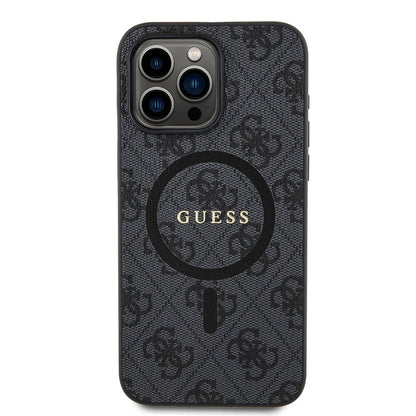 Apple iPhone 15 Pro Max Kılıf Guess Orjinal Lisanslı M-safe Şarj Özellikli PU Halkalı 4G Desenli Yazı Logolu Kapak