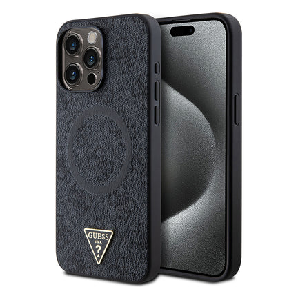 Apple iPhone 15 Pro Max Kılıf Guess Orjinal Lisanslı M-safe Şarj Özellikli PU Üçgen Logo 4G Desenli Kapak