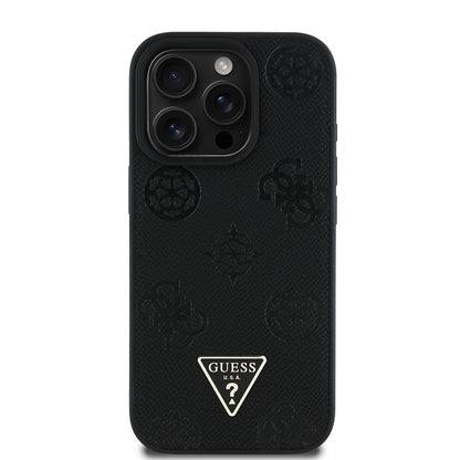 Apple iPhone 15 Pro Max Kılıf Guess Orjinal Lisanslı M-safe Şarj Özellikli Sıcak Baskılı Üçgen Logolu PU Deri Peony Kapak
