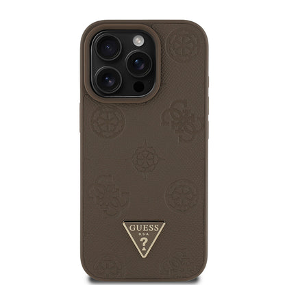 Apple iPhone 15 Pro Max Kılıf Guess Orjinal Lisanslı M-safe Şarj Özellikli Sıcak Baskılı Üçgen Logolu PU Deri Peony Kapak