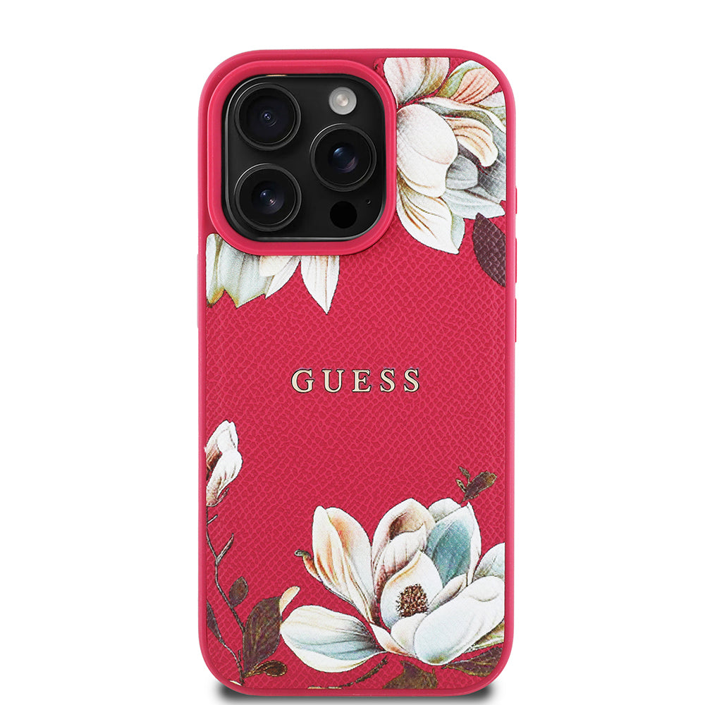 Apple iPhone 15 Pro Max Kılıf Guess Orjinal Lisanslı M-safe Şarj Özellikli Taneli Çiçek Tasarımlı Metal Yazı Logolu Kapak