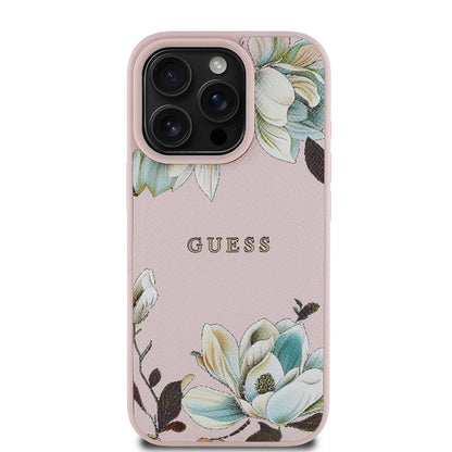 Apple iPhone 15 Pro Max Kılıf Guess Orjinal Lisanslı M-safe Şarj Özellikli Taneli Çiçek Tasarımlı Metal Yazı Logolu Kapak