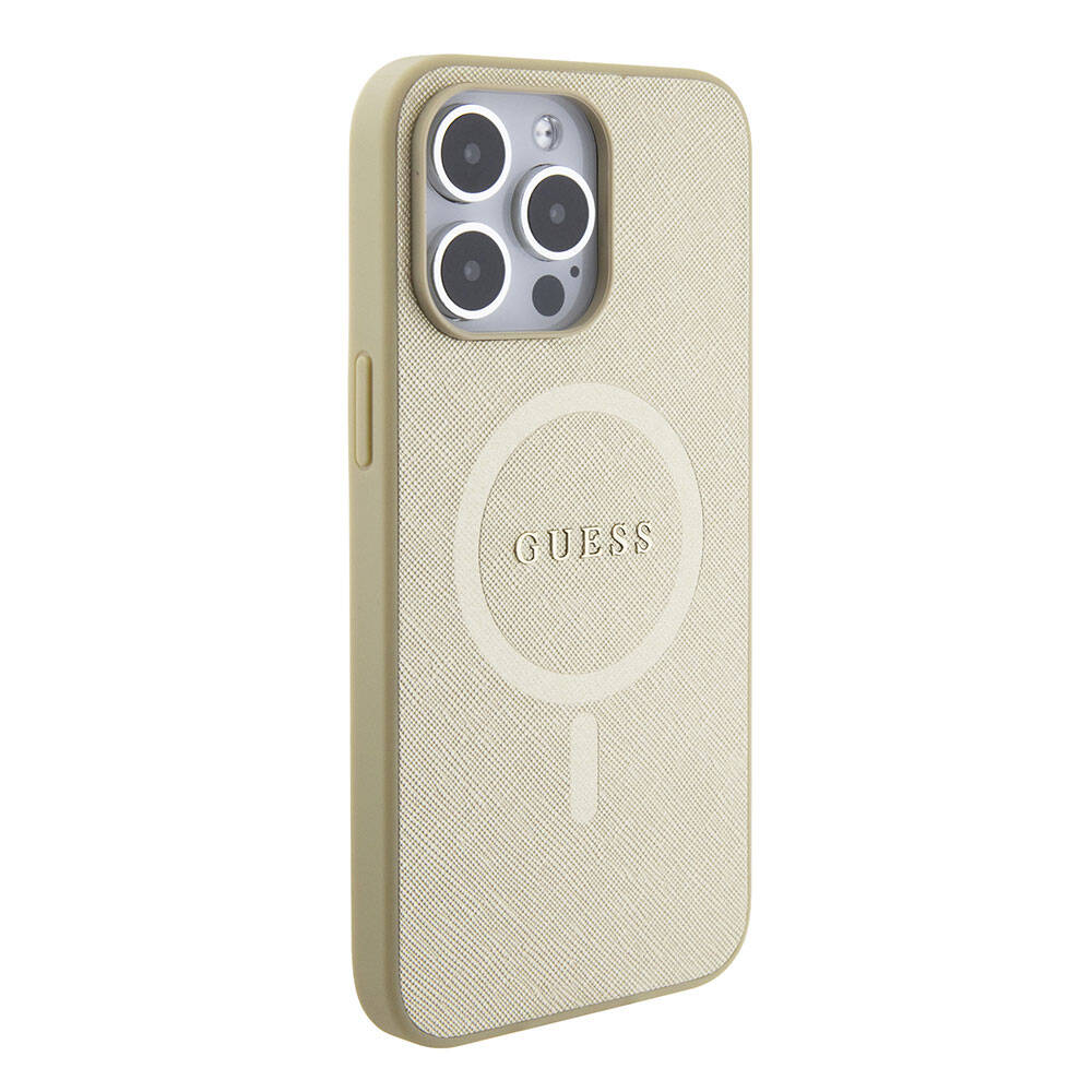 Apple iPhone 15 Pro Max Kılıf Guess Orjinal Lisanslı M-safe Şarj Özellikli Yazı Logolu Saffiano Kapak