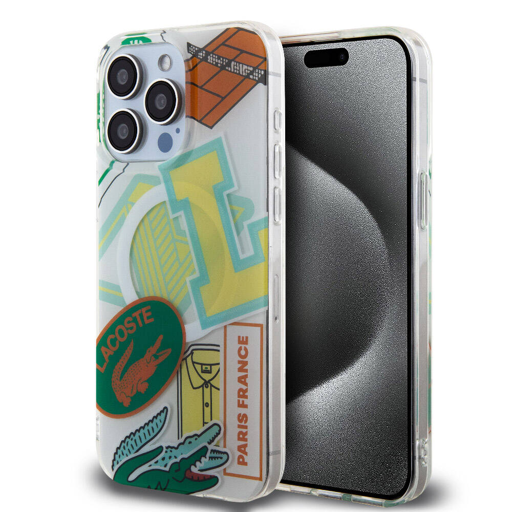 Apple iPhone 15 Pro Max Kılıf Lacoste Orjinal Lisanslı M-safe Şarj Özellikli Çift Katmanlı Yamalar Desenli Kapak