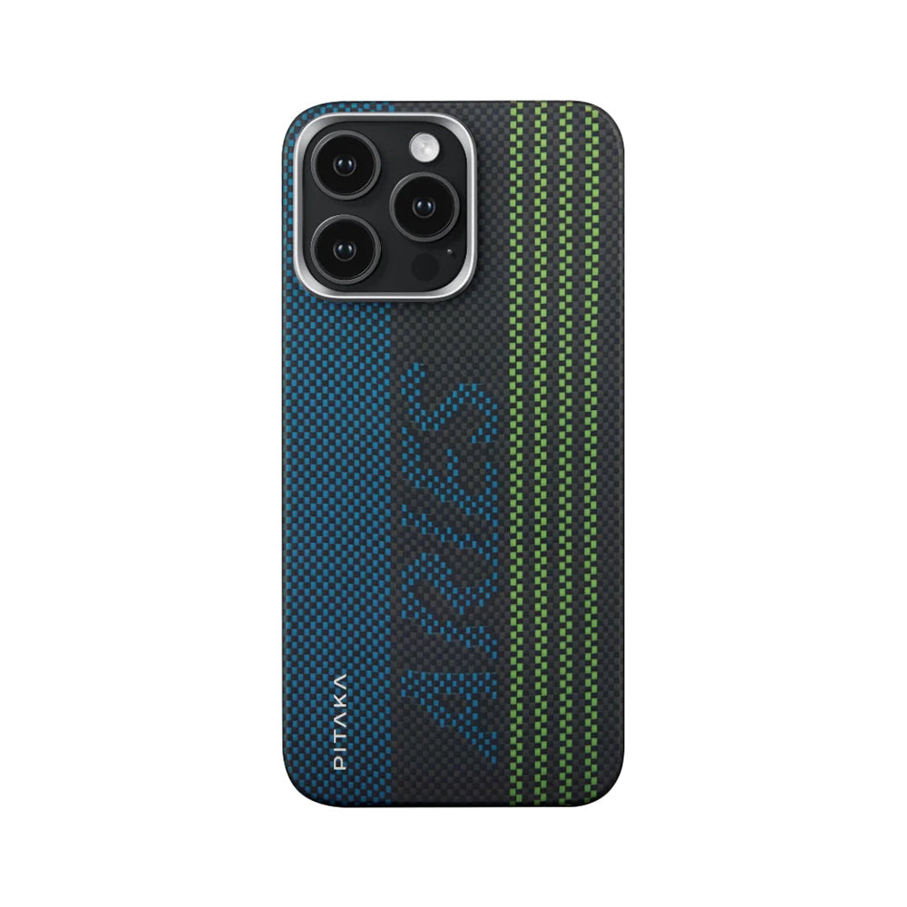 Apple iPhone 15 Pro Max Kılıf M-safe Şarj Özellikli Lumintex Teknolojili Fosforlu Aramid Fiber Pitaka Tactile Woven Aries Serisi Kapak