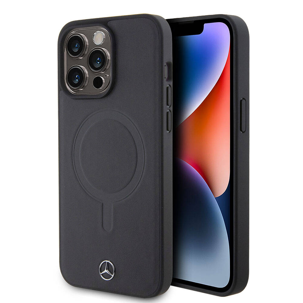 Apple iPhone 15 Pro Max Kılıf Mercedes Benz Orjinal Lisanslı M-safe Şarj Özellikli Metal Yıldız Logolu Pürüzsüz Deri Kapak