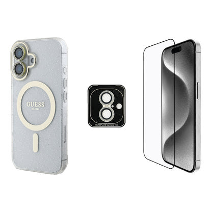 Apple iPhone 16 Guess Orjinal Lisanslı 3'lü Aksesuar Seti IML Baskılı Simli Glitter Kılıf + Ekran Koruyucu + Lens Koruyucu