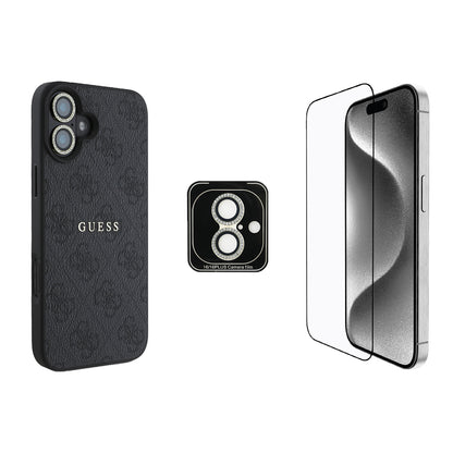 Apple iPhone 16 Guess Orjinal Lisanslı Kılıf + Ekran Koruyucu + Lens Koruyucu 3in1 Aksesuar Seti