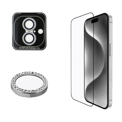 Apple iPhone 16 Guess Orjinal Lisanslı Rhinestone Ekran Koruyucu + Lens Koruyucu 2in1 Aksesuar Seti