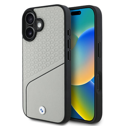 Apple iPhone 16 Kılıf BMW Orjinal Lisanslı M-safe Şarj Özellikli Metal Logolu Dokulu ve Çizgili Deri Kapak