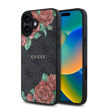 Apple iPhone 16 Kılıf Guess Orjinal Lisanslı M-safe Şarj Özellikli Gül Baskılı 4G Desenli Yazı Logolu Kapak