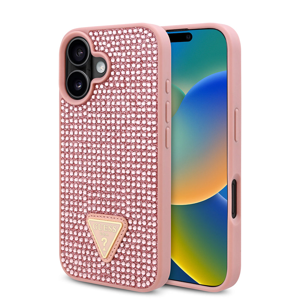 Apple iPhone 16 Kılıf Guess Orjinal Lisanslı Taşlı Arka Yüzey Üçgen Logolu Kapak