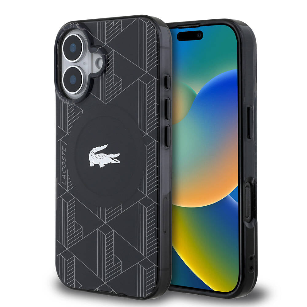Apple iPhone 16 Kılıf Lacoste Orjinal Lisanslı M-safe Şarj Özellikli IML Baskılı Gümüş Timsah Logolu Monogram Kapak