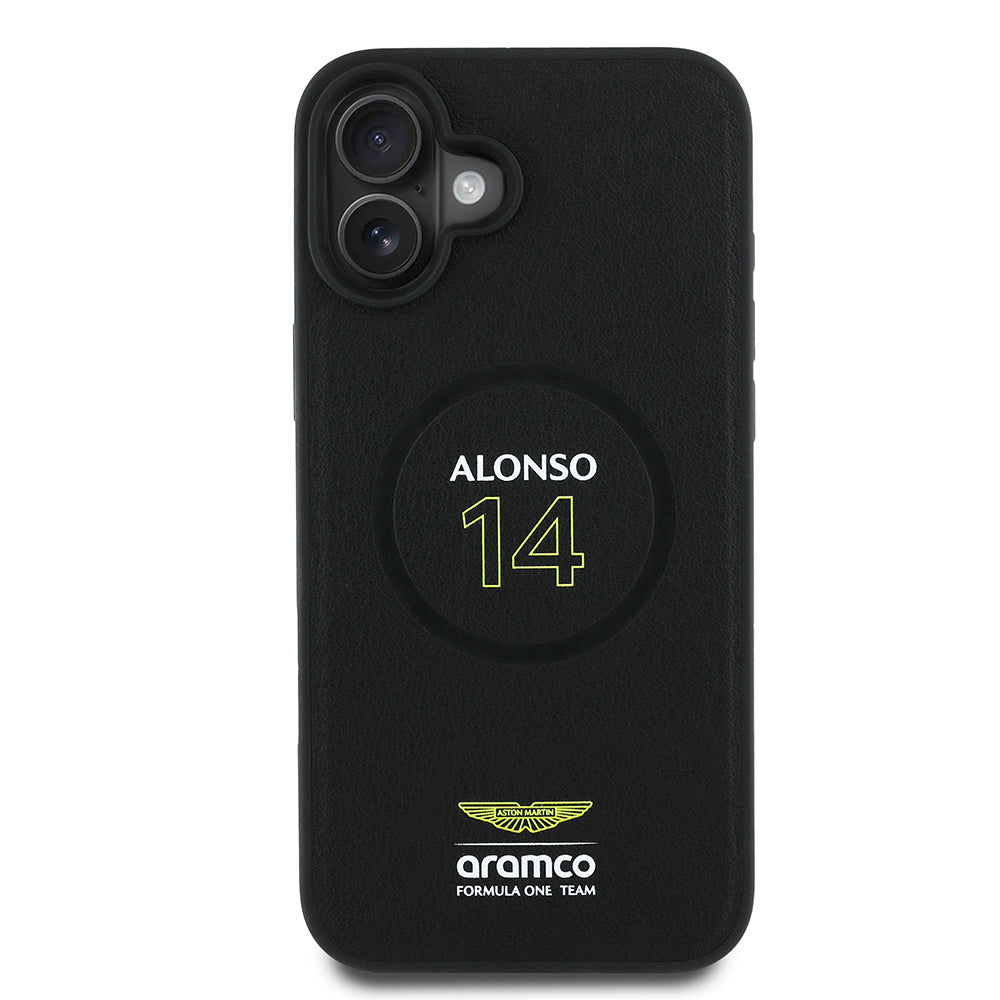 Apple iPhone 16 Plus Kılıf Aston Martin Orjinal Lisanslı M-safe Şarj Özellikli PU Deri Alonso 14 Baskılı Kapak