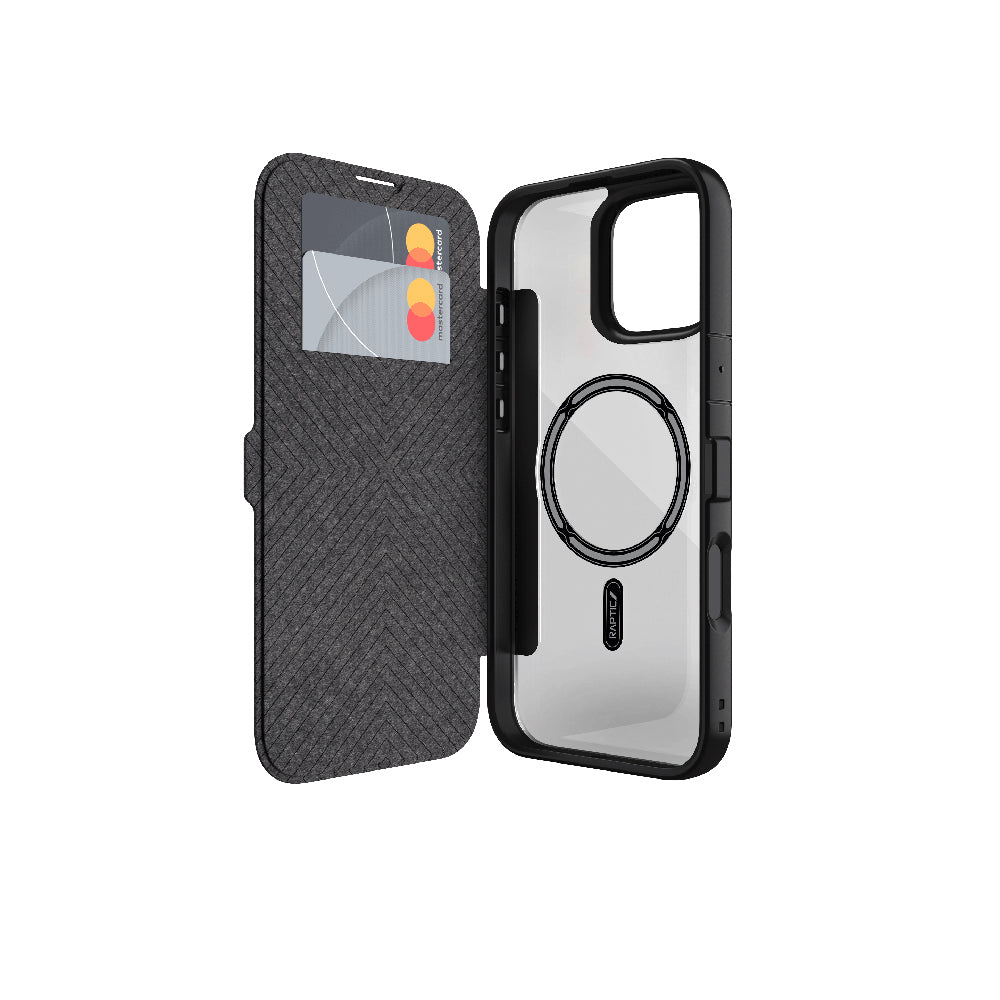 Apple iPhone 16 Plus Kılıf M-safe Şarj Özellikli Vegan Deri Tasarımlı Şeffaf Arka Yüzey Kartlıklı Raptic Urban Folio Serisi Kapak