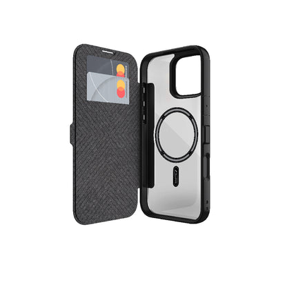 Apple iPhone 16 Plus Kılıf M-safe Şarj Özellikli Vegan Deri Tasarımlı Şeffaf Arka Yüzey Kartlıklı Raptic Urban Folio Serisi Kapak