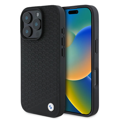 Apple iPhone 16 Pro Kılıf BMW Orjinal Lisanslı M-safe Şarj Özellikli Metal Logolu Dokulu Diamond Deri Kapak