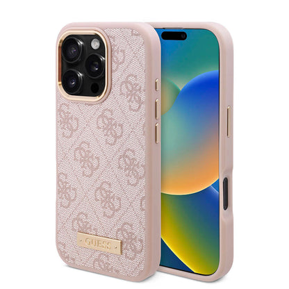 Apple iPhone 16 Pro Kılıf Guess Orjinal Lisanslı M-safe Şarj Özellikli 4G Desenli PU Metal Plaka Klasik Logolu Kapak