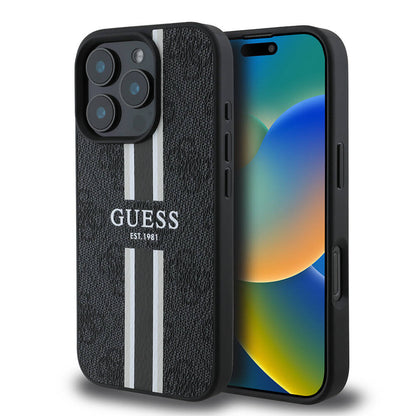 Apple iPhone 16 Pro Kılıf Guess Orjinal Lisanslı M-safe Şarj Özellikli 4G Şerit Tasarımlı Printed Kapak