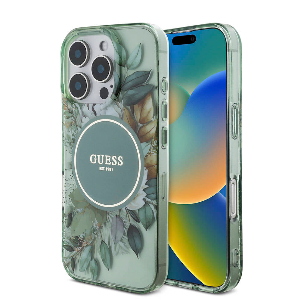 Apple iPhone 16 Pro Kılıf Guess Orjinal Lisanslı M-safe Şarj Özellikli IML Baskılı Çiçek İnci Bileklikli Kapak
