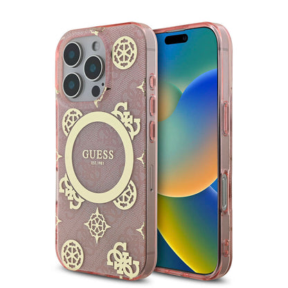 Apple iPhone 16 Pro Kılıf Guess Orjinal Lisanslı M-safe Şarj Özellikli IML Peony ve 4G Desenli Klasik Logolu Kapak