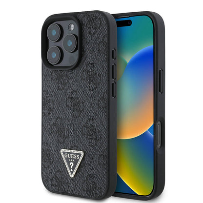 Apple iPhone 16 Pro Kılıf Guess Orjinal Lisanslı M-safe Şarj Özellikli PU Deri 4G Desenli Taşlı Üçgen Logolu Kapak
