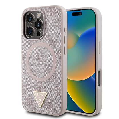 Apple iPhone 16 Pro Kılıf Guess Orjinal Lisanslı M-safe Şarj Özellikli PU Üçgen Logo 4G Desenli Kapak