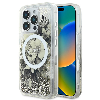Apple iPhone 16 Pro Kılıf Guess Orjinal Lisanslı M-safe Şarj Özellikli Sıvılı Simli Çiçek Desenli Kapak