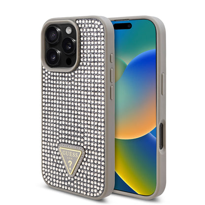 Apple iPhone 16 Pro Kılıf Guess Orjinal Lisanslı Taşlı Arka Yüzey Üçgen Logolu Kapak
