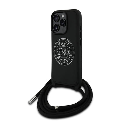 Apple iPhone 16 Pro Kılıf Karl Lagerfeld Orjinal Lisanslı Askı İpli Taşlı KL Yazılı Crossbody Cord Kapak