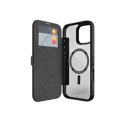 Apple iPhone 16 Pro Kılıf M-safe Şarj Özellikli Vegan Deri Tasarımlı Şeffaf Arka Yüzey Kartlıklı Raptic Urban Folio Serisi Kapak