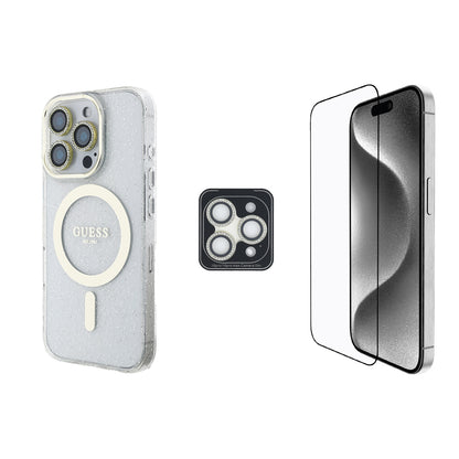 Apple iPhone 16 Pro Max Guess Orjinal Lisanslı 3'lü Aksesuar Seti IML Baskılı Simli Glitter Kılıf + Ekran Koruyucu + Lens Koruyucu