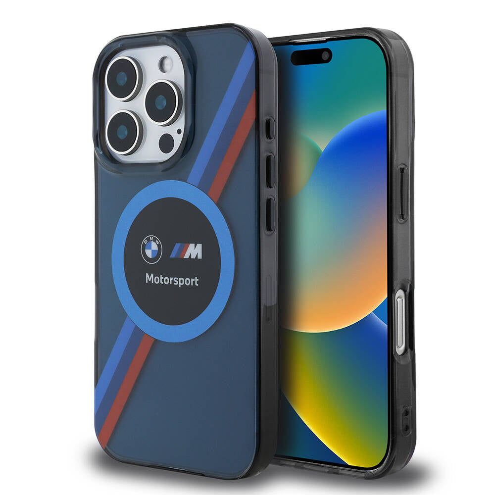 Apple iPhone 16 Pro Max Kılıf BMW Orjinal Lisanslı M-safe Şarj Özellikli M Logolu Üç Renk Çizgili Motorsport Circle Kapak
