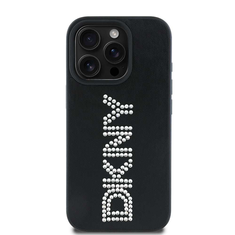 Apple iPhone 16 Pro Max Kılıf DKNY Orjinal Lisanslı Taşlı DKNY Yazılı Metalik Rhinestones PU Deri Kapak