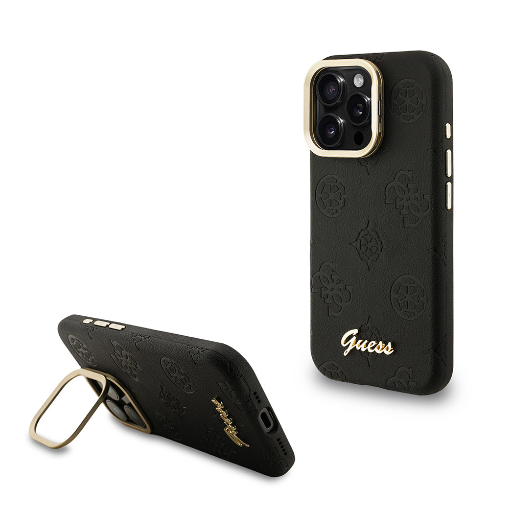 Apple iPhone 16 Pro Max Kılıf Guess Orjinal Lisanslı M-safe Şarj Özellikli Sıcak Baskılı Yazı Logolu Kamera Standlı PU Deri Peony Kapak