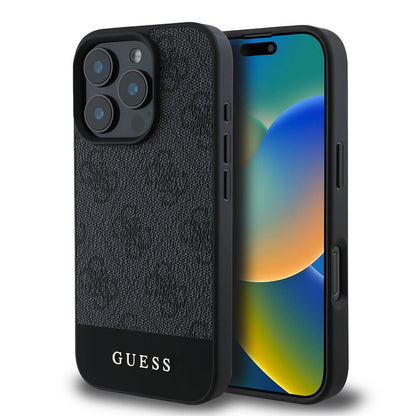 Apple iPhone 16 Pro Max Kılıf Guess Orjinal Lisanslı M-safe Şarj Özellikli PU Deri Şerit Logo Dizaynlı Kapak