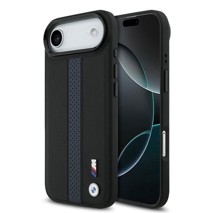 Apple iPhone 17 Air Kılıf BMW Orjinal Lisanslı M-safe Şarj Özellikli Deri Arka Yüzey Metal Logolu Delikli Şerit Tasarımlı Kapak
