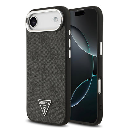 Apple iPhone 17 Air Kılıf Guess Orjinal Lisanslı M-safe Şarj Özellikli Gümüş Metal Kamera Çerçeveli Üçgen Logo 4G Desenli Kapak
