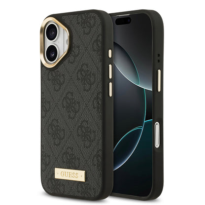 Apple iPhone 17 Kılıf Guess Orjinal Lisanslı M-safe Şarj Özellikli 4G Desenli PU Metal Plaka Klasik Logolu Kapak