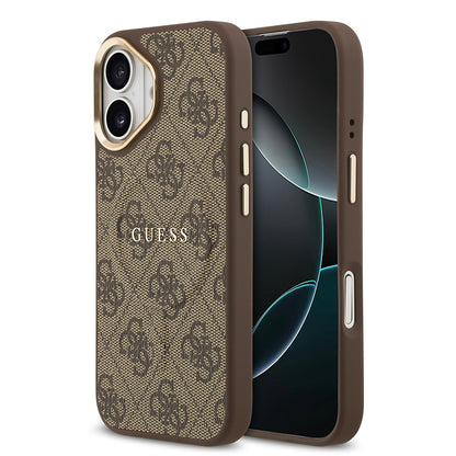 Apple iPhone 17 Kılıf Guess Orjinal Lisanslı M-safe Şarj Özellikli Gold Metal Kamera Çerçeveli PU Deri 4G Desenli Yazı Logolu Kapak