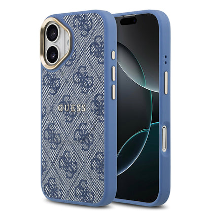 Apple iPhone 17 Kılıf Guess Orjinal Lisanslı M-safe Şarj Özellikli Gold Metal Kamera Çerçeveli PU Deri 4G Desenli Yazı Logolu Kapak