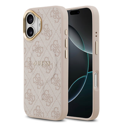 Apple iPhone 17 Kılıf Guess Orjinal Lisanslı M-safe Şarj Özellikli Gold Metal Kamera Çerçeveli PU Deri 4G Desenli Yazı Logolu Kapak