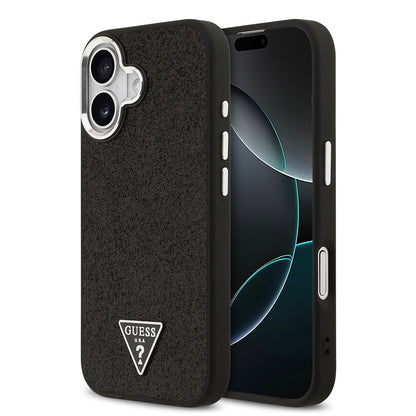 Apple iPhone 17 Kılıf Guess Orjinal Lisanslı M-safe Şarj Özellikli Metal Kamera Çerçeveli Üçgen Logolu Glitter Kapak
