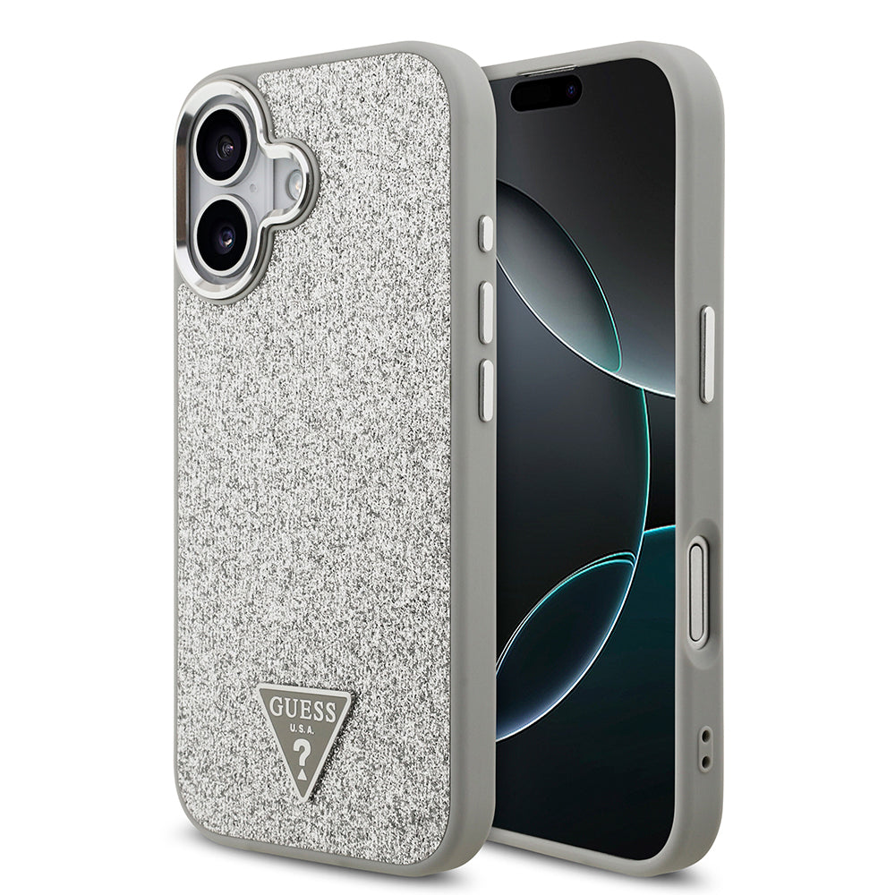 Apple iPhone 17 Kılıf Guess Orjinal Lisanslı M-safe Şarj Özellikli Metal Kamera Çerçeveli Üçgen Logolu Glitter Kapak
