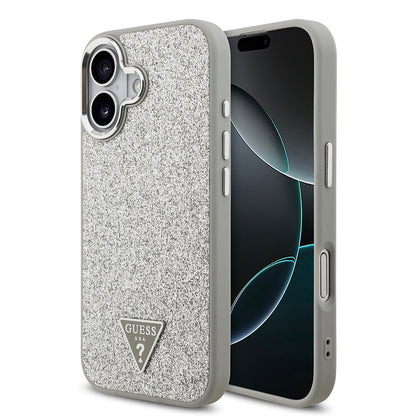 Apple iPhone 17 Kılıf Guess Orjinal Lisanslı M-safe Şarj Özellikli Metal Kamera Çerçeveli Üçgen Logolu Glitter Kapak