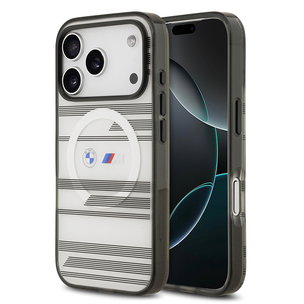 Apple iPhone 17 Pro Kılıf BMW Orjinal Lisanslı M-safe Şarj Özellikli Metal Kamera Butonlu Yatay Şeritli M Dizayn Kapak