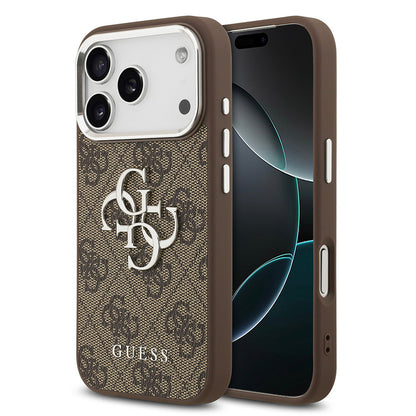 Apple iPhone 17 Pro Kılıf Guess Orjinal Lisanslı Gümüş Metal Kamera Çerçeveli 4G Desenli Metal Büyük 4G ve Yazı Logolu Kapak