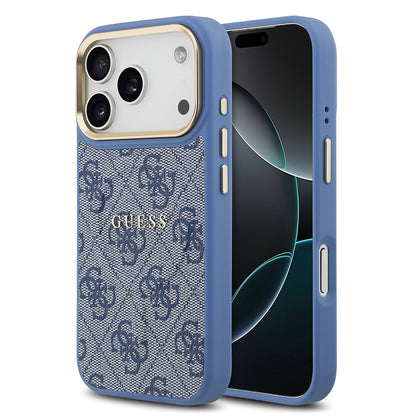 Apple iPhone 17 Pro Kılıf Guess Orjinal Lisanslı M-safe Şarj Özellikli Gold Metal Kamera Çerçeveli PU Deri 4G Desenli Yazı Logolu Kapak