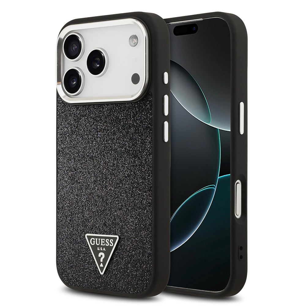 Apple iPhone 17 Pro Kılıf Guess Orjinal Lisanslı M-safe Şarj Özellikli Metal Kamera Çerçeveli Üçgen Logolu Glitter Kapak