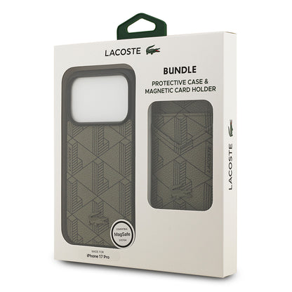 Apple iPhone 17 Pro Kılıf Lacoste Orjinal Lisanslı M-safe Şarj Özellikli PU Deri Tasarımlı Kartlıklı Karışık Monogram Desenli Kapak